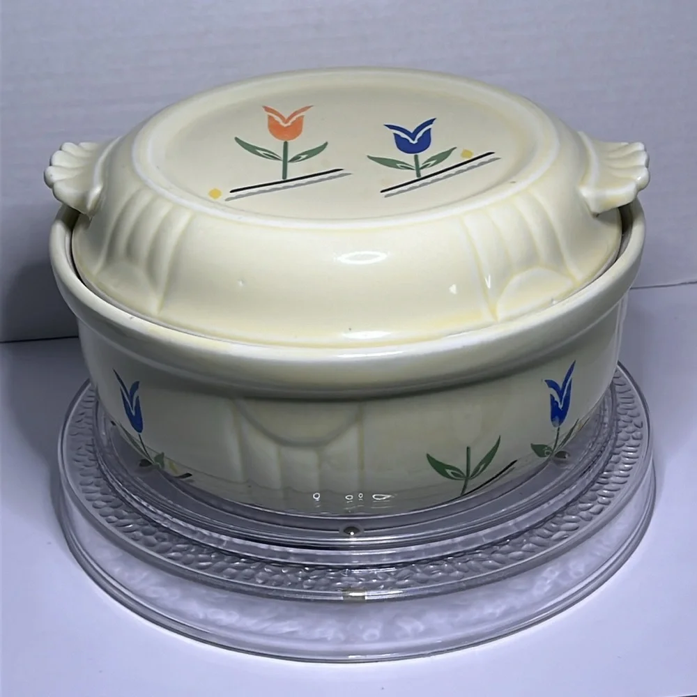 Rare 1930s Hall China Orange & Blue Tulip Covered Casserole Piggly Wiggly Promo